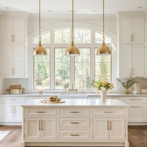 Welcome to a kitchen dreams are made of! 🌟 This white oasis with soaring ceilings and elegant arched windows epitomizes timeless sophistication. The abundance of natural light flooding in creates an airy atmosphere, while the white palette enhances the feeling of spaciousness. Who else is swooning over this picture-perfect space? ✨ #unionhomedesign #WhiteKitchen #HighCeilings #ArchedWindows #TimelessElegance #InteriorDesignInspo"#MainLineInteriors #MainLineDesign #PhiladelphiaDesigner #Mai... Cabinets In Breakfast Area, Over Window Kitchen Lighting, Vaulted Ceiling Kitchen Windows, Off White Farmhouse Kitchen, Arched Window In Kitchen, Lighted Cabinets In Kitchen, White Kitchen Renovation Ideas, Modern Kitchen With Color, Natural Light Kitchen Ideas