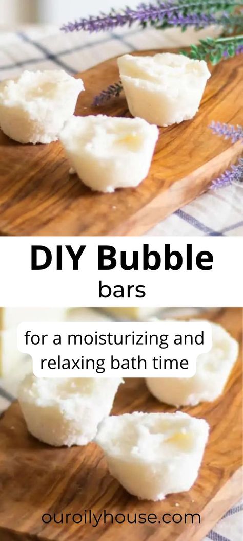 These DIY bubble bars are made with baking soda, citric acid, and mango butter. They are soothing for the skin, easy to make, and make for a fun and relaxing bath time. Diy Bubble Bar, Bubble Bar Recipe, Diy Bubble Bath, Melt And Pour Soap Recipes, Our Oily House, Natural Bubble Bath, Skincare Homemade, Bath And Body Recipes, Homemade Bubbles