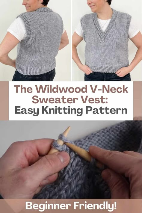 If you're looking for a fun and easy knitting project, then look no further than The Wildwood V-Neck Sweater Vest! This cozy and stylish vest is perfect for all-year-round wear and can be paired with your favorite shirts or dresses for a timeless layered look. The pattern is designed for beginners and experienced knitters alike, with simple knitting techniques and super bulky yarn that knits up quickly. The sweater vest is worked from the bottom up, with the back and fronts worked separate... Knitted Ladies Vest Pattern, Simple Knit Vest Pattern Free, V Neck Sweater Vest Knitting Pattern Free, Men’s Knitted Vest Patterns, V Neck Sweater Vest Knitting Pattern, Knit V Neck Vest Pattern Free, Free Sweater Vest Knitting Pattern, Knitted Sweater Vest Pattern, V Neck Vest Knitting Pattern