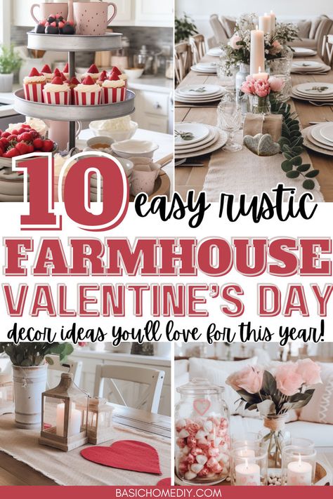 10 beautiful rustic farmhouse Valentine’s Day decor ideas to decorate your home this holiday season. You'll love these easy decor ideas for the living room, kitchen, or mantle. Find country chic DIY farmhouse style including wooden hearts, neutral accent pillows, tiered trays, wreaths and garlands. Style decorative trays and wooden signs for a cozy, romantic aesthetic. You'll love to cozy up to the fireplace decorations with Valentine’s vibes for timeless charm with a modern farmhouse feel. Signs For Valentines Day, Simple Farmhouse Table Decor, Valentine’s Day Island Decor, Valentines Day Dining Room Table Decor, Valentines Counter Decor, Valentine Rustic Decor, Valentine House Decorations, Valentine’s Day Dough Bowl, Valentine Decor Ideas For The Home