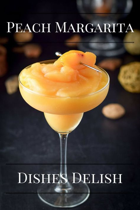 This Peach Margarita is refreshing, pretty and fun to drink by the side of a pool. It's super tasty and easy to make. #peachmargarita #peach #margarita #cocktail #dishesdelishcocktails http://ddel.co/peachmg Frozen Peach Margarita, Peach Margarita Recipe, Peach Margarita Recipes, Easy Margarita Recipe, Peach Margarita, Peach Drinks, Frozen Cocktails, Margarita Cocktail, Boozy Drinks