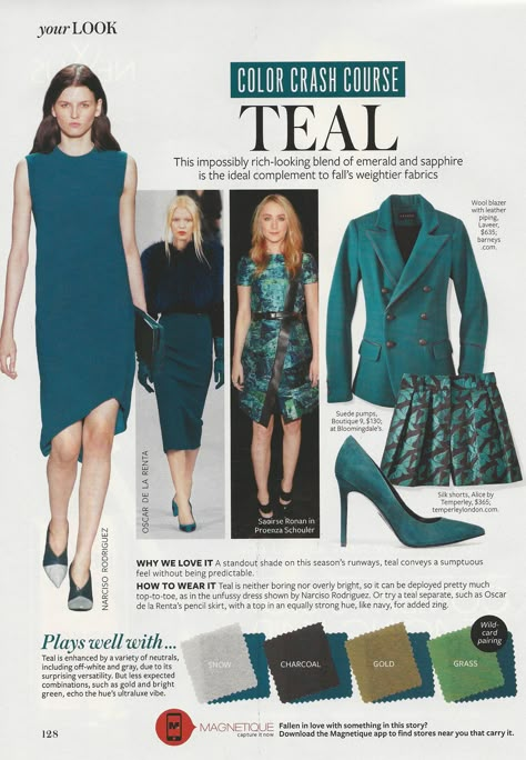 Color Crash Course: Teal #instyle Teal Matching Colors, Dark Teal Outfit, Instyle Color Crash Course, Color Crash Course, February Colors, Teal Outfits, Colour Combinations Fashion, Winter Typ, Color Combinations For Clothes