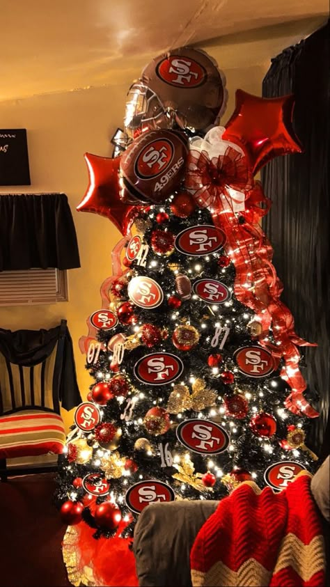 Football Team Christmas Tree, Sports Themed Christmas Tree Ideas, 49er Christmas Tree, Football Tree Ideas, Football Theme Christmas Tree, 49er Christmas Tree Ideas, Nfl Christmas Tree Ideas, Football Christmas Tree Ideas, 49ers Christmas Tree Ideas