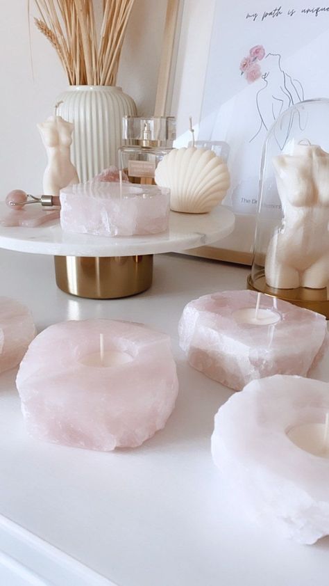 Rose quartz tea light candle holder with polished top. You will receive the exact holder you choose from the pictures. Perfect for crystal lovers, use it to create beautiful ambience, in your meditation practice, as a luxurious home decor or as a meaningful gift. Luxury Candle Holders Crystal, Rose Quartz Vanity Ace Family, Black Quartz Crystal Candle Holder, Crystals Candle Holder, Candle And Crystal Art, Rose Quartz Home Decor, Crystal Corner Decor, Candles And Crystals Aesthetic, Rose Quartz Wedding Decor