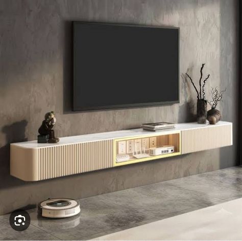 Wall Mounted Tv Unit Floating Shelves, Tv Cabinet Ideas Wall Mounted, Tv Console Minimalist, Tv Unit Wall Mounted, Wall Mounted Wardrobe, Entertainment Center Living Room, White Tv Console, Media Wall Ideas, Tv Wall Decoration