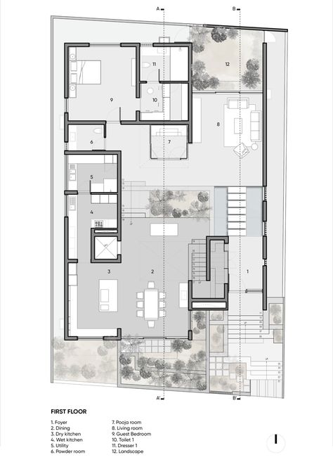 Janani House by Collage Architecture Studio Big House Plans Modern, Plan Rendering Architecture Photoshop, Collage Architecture, Floor Plans House, 2d Floor Plan, Small Bungalow, Duplex Floor Plans, First Floor Plan, Courtyard House Plans