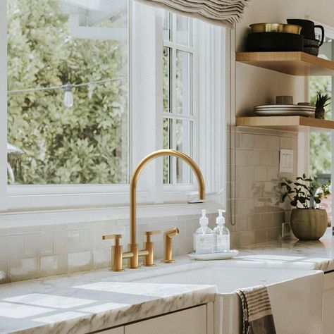 Brass Farmhouse Faucet, Antique Brass Faucet Kitchen, Bridge Kitchen Faucet With Sprayer, Kitchen Faucets 2024, Gold Fixtures Kitchen, Gold Kitchen Fixtures, Brass Kitchen Faucet Pull Down, Brushed Brass Kitchen Faucet, Brushed Brass Kitchen Hardware