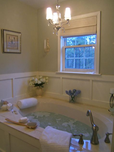 After: Spa-tacular Transformation - 5 Budget-Friendly Bathroom Makeovers  on HGTV Garden Tub Decor, Garden Tub Decorating, Beautiful Master Bathrooms, Diy Wainscoting, Tub Ideas, Small Bathroom Makeover, Tub Surround, Master Bath Remodel, Garden Tub