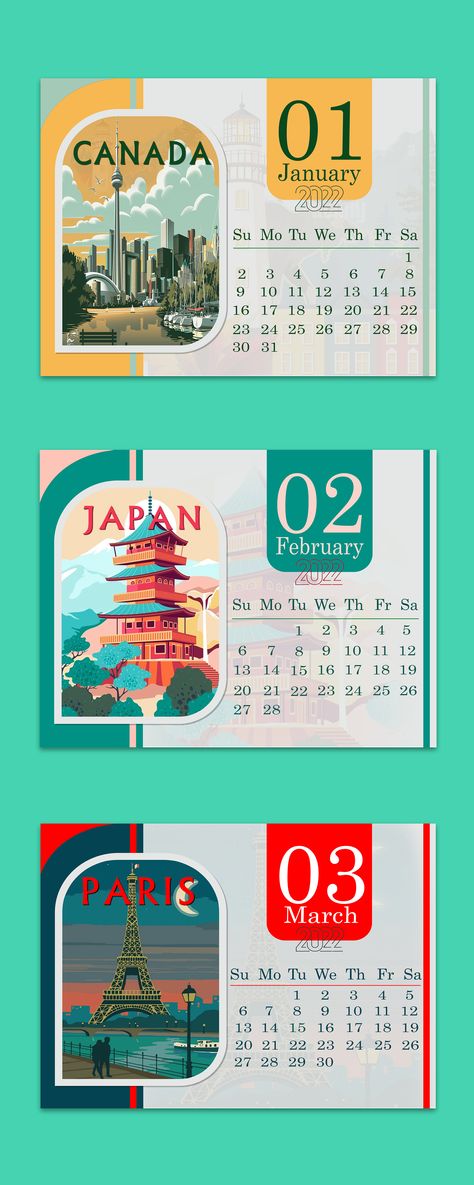 calendar design 2022 on Behance Colorful Calendar Design, Calender Ideas Design Creative, Calendar Design Photography, Travel Calendar Design, Calander Design Ideas 2025, Japanese Calendar Design, Design Calendar Ideas, Calender Designs Unique, Calendar Theme Ideas