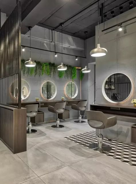 Gray Salon Ideas Interior Design, Aesthetic Hairdresser Salon, Hair Salon Industrial, High End Hair Salon Design, Sage Green Salon Aesthetic, Industrial Beauty Salon, Hairdresser Aesthetic Salon, Grey Hair Salon, Hair Salon Exterior