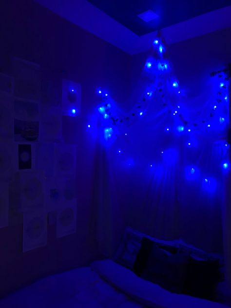 bedroom makeover w canopy, fairy lights, vines and wall decore Canopy Fairy Lights, Blue Fairy Lights, Blue Boys Bedroom, Neon Space, Architecture Room, White Fairy Lights, Fairy Lights Bedroom, Room Ideas Aesthetic, Blue Fairy