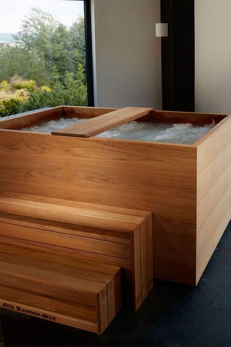 Ofuro | Modern, Japanese Style Wooden Hot Tub | Riviera Hot Tubs Modern Hot Tubs, Wooden Hot Tub, Japanese Bath House, Indoor Hot Tub, Wooden Bathtub, Hot Tub Designs, Modern Japanese Style, Japanese Bathroom, Japanese Soaking Tubs