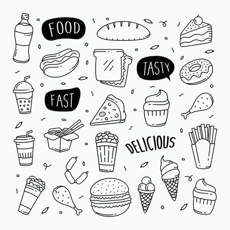 Food Doodles Hand Drawn, Dot Journal Ideas, Drawing Food, Food Doodles, Line Art Style, Dot Journals, Cafe Menu, Food Drawing, Line Drawings