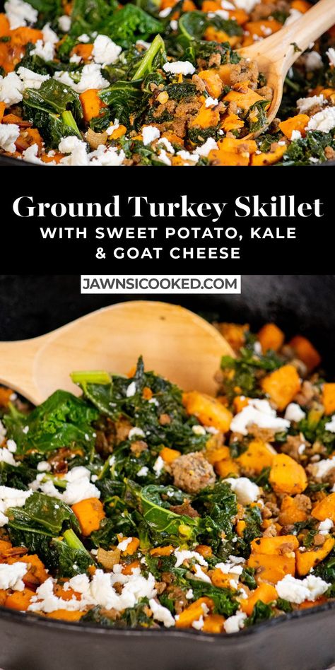 Ground Turkey Kale Sweet Potato, Thanksgiving Skillet Recipes, Ground Turkey And Sweet Potatoes Recipes, Ground Turkey Recipes For Dinner Gluten Free, Sweet Potato And Ground Turkey Skillet, Whole 30 Skillet Recipes, Ground Turkey Goat Cheese Recipes, Kale Ground Turkey Recipes, Sweet Potato Skillet Dinner