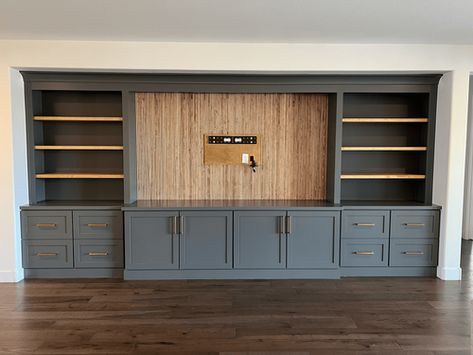 Built-ins & Cabinets — Champagne Taste Design Built In Cabinets For Tv, Large Tv Built In Wall Unit, Media Cabinet Built In, Media Room Cabinets, Wood Entertainment Wall, Tv Room Built Ins, Entertainment Wall Ideas Living Room, Builtin Entertainment Wall, Family Room Built Ins With Tv