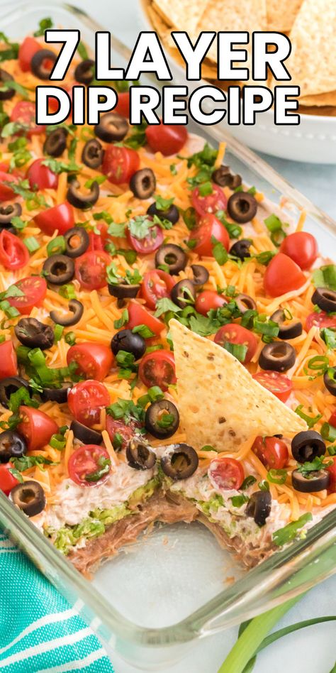 Snacks For A Large Group, Football Season Appetizers, Mexican Layer Dip Recipe, 5 Layer Dip, Layered Bean Dip Recipe, Easy Game Day Snacks, Easy Game Day Food, Inexpensive Snacks, Mexican Dip Recipes