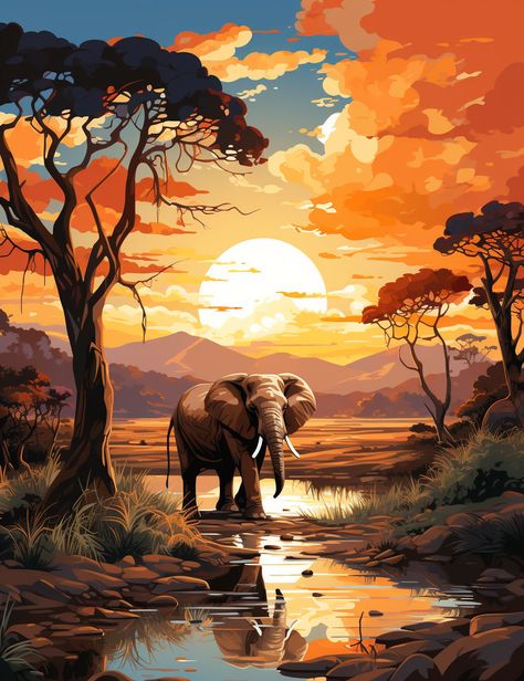 Elephant In The Jungle, Elephant Pictures Art, African Art Paintings Abstract, Savannah Painting, African Sunset Painting, African Landscape Painting, Lion Landscape, African Animals Art, Safari Drawing