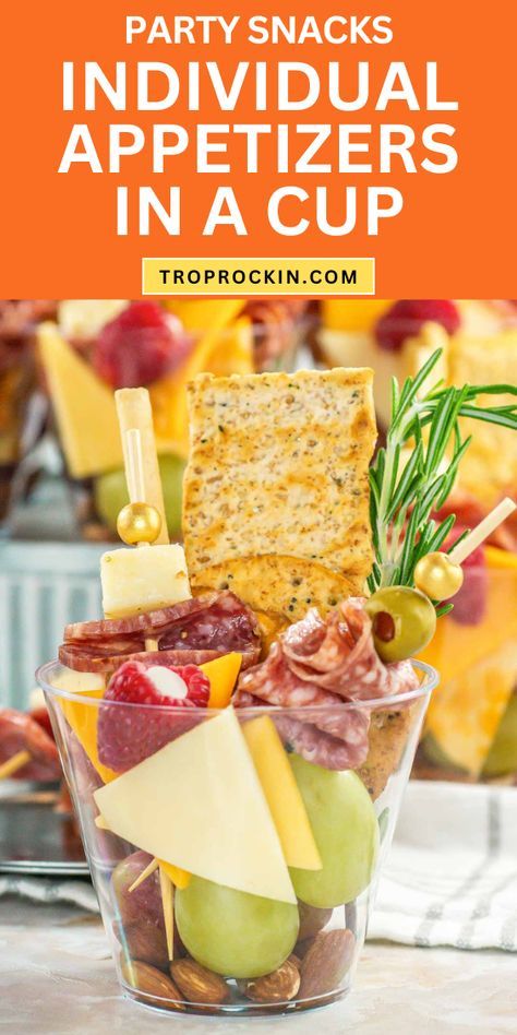 These individual appetizers in a cup are perfect party snacks. Guests can walk around and mingle while snacking. Fill with fruits, cheeses and cured meats for a charcuterie style snack or make a variety - individual appetizer cups with just fruit and cheese, others with just crackers and meats. You can have so much fun with these! Fruit And Cheese Hors D'oeuvres, Wedding Appetizers In A Cup, Fruit Cup Appetizers For Party, Individual Appetizer Cups, Individual Snack Cups For Party, Mini Appetizers In Shot Glasses Appetizer Ideas, Food Truck Charcuterie, Charcuterie Cups Wedding Cocktail Hour, Mini Cup Appetizers Parties Food