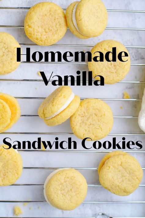 This contains an image of: {{ pinTitle }} Cookie Sandwich Recipes, Sandwich Cookie, Homemade Sandwich, Basic Cookies, Homemade Dessert, Homemade Frosting, Vanilla Buttercream Frosting, Cream Filling, Cookie Calories