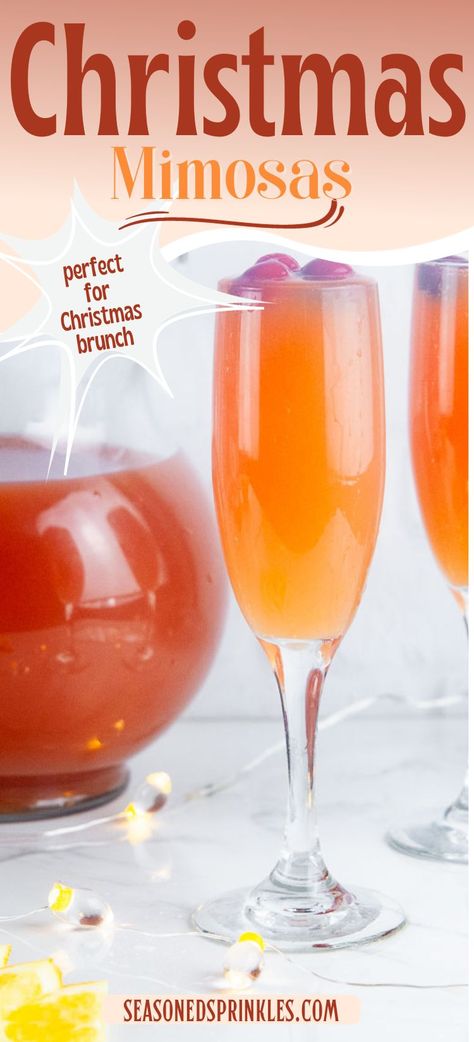 A pitcher of cranberry orange mimosas perfect for Christmas morning or any other holiday brunch occasion! #Christmas #mimosas #brunch #recipe #cocktail #alcohol #drink #cranberry #orangejuice #champagnw #wine Cranberry Orange Mimosa Taste Of Home, Mimosa Christmas Drink, Cranberry Orange Mimosa Recipe, Apple Juice Mimosa, Cranberry Orange Mimosas, Christmas Mimosas Brunch, Pitcher Mimosa Recipe, Christmas Brunch Mimosa, Orange Cranberry Mimosa