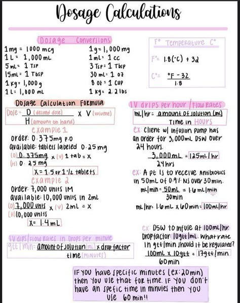 Dosage Calculations #nursingstudent #nurse #resources - Image Credits: olivia Nursing Math Conversions, Pharmacy Tech Cheat Sheets, Pharmacy Math Cheat Sheets, Lpn Notes Cheat Sheets, Veterinary Medical Math, Vet Nurse Study Notes, Dose Calculation Formulas, Emt Basic Medications, Pharmacy Notes Pharmacists