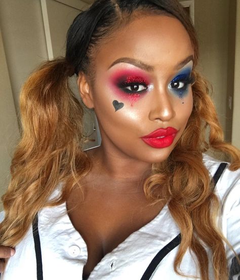 Black Harley Quinn, Harley Costume, Arley Queen, Girl Halloween Makeup, Harley Quinn Makeup, Harley Quinn Halloween, Trendy Eyeshadow, Cute Halloween Makeup, Girl Halloween Costume