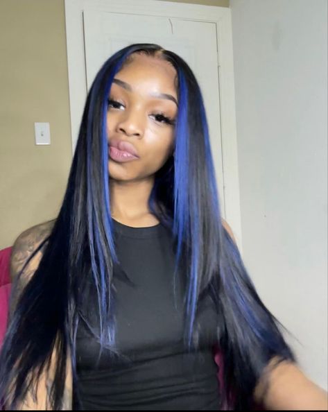 Blue And Black Hair Extensions, Blue Highlighted Wig, Quick Weave With Blue Highlights, Quick Weave Color Hairstyles, Wig With Blue Highlights Black Women, Sew In Blue Highlights, Weave With Blue Highlights, Blue And Black Quick Weave, Royal Blue Peekaboo Hair