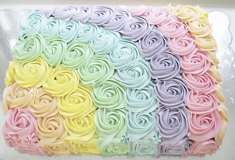 Rosette Sheet Cake, Baby Shower Sheet Cakes, Barney Birthday, Sheet Cake Designs, Rainbow First Birthday, 1st Birthday Girl Decorations, Little Pony Cake, Birthday Sheet Cakes, Rainbow Birthday Cake