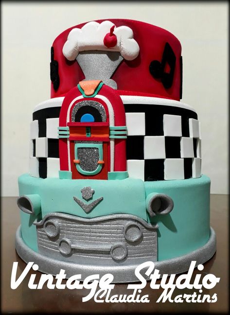 Sock Hop Birthday Cake, 50s Diner Cake, 50s Cake Theme, 50s Cake Ideas, 1950s Birthday Cake, 1950s Cake Ideas, 50s Themed Cake, 50s Birthday Cake, Grease Cake