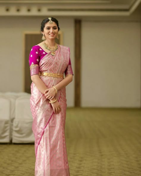 Blouses For Pink Saree Contrast, Pink Purple Saree Combination, Baby Pink Kanjeevaram Saree, Pink Blouse Saree Color Combos, Contrast Blouse For Baby Pink Silk Saree, Contrast Blouse For Pink Saree, Baby Pink Combination Colour, Pink Saree Bridal Look, Pink Silk Saree Contrast Blouse