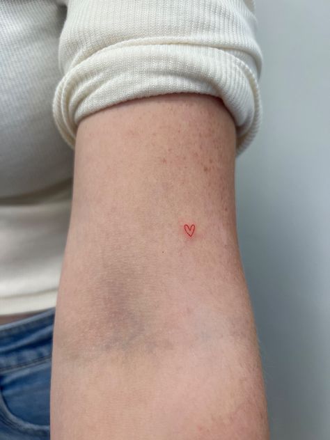 Fine Line Red Heart Tattoo, Tiny Red Tattoo, Micro Heart Tattoo, Tiny Red Heart Tattoo, Minimalist Red Tattoo, Red Fine Line Tattoo, Fine Line Heart Tattoo, Red Heart Tattoo, Little Heart Tattoos