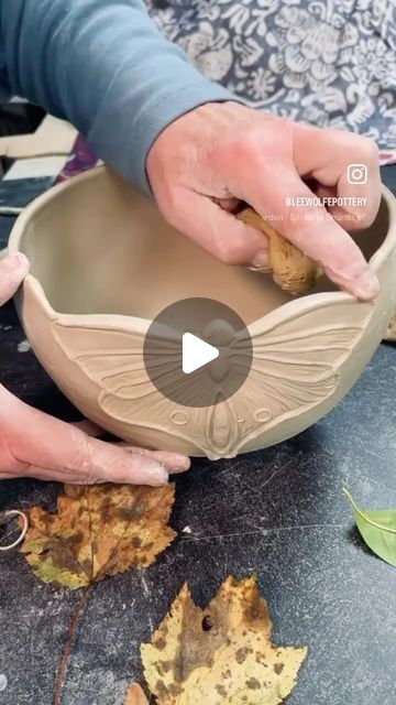 Lee Wolfe Pottery on Instagram: "This Art Nouveau style bowl was created in ceramic clay by carving the rim with an exacto blade. I chose details that make symmetrical patterns. Beauty will feed your soul. #artnouveaustyle #artpottery#artsandcraftsstyle #ceramicart#artanddesign#how#potteryvideos" Diy Fails, Feed Your Soul, Luna Moth, November 1, Art Nouveau Style, Ceramic Clay, Ceramics Pottery, Brilliant Colors, Ceramic Art