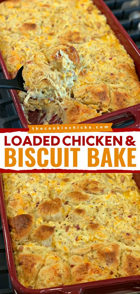 An easy comfort food dinner with only 7 ingredients! It's a yummy casserole recipe featuring chicken and biscuits. Packed with so much flavor, this Loaded Chicken and Bake is family-approved! Chicken And Biscuit Bake, Chicken Biscuit Casserole, Biscuit Recipes Dinner, Loaded Chicken, The Cookin Chicks, Can Chicken Recipes, Chicken And Biscuits, Favorite Dinner, Canned Biscuits