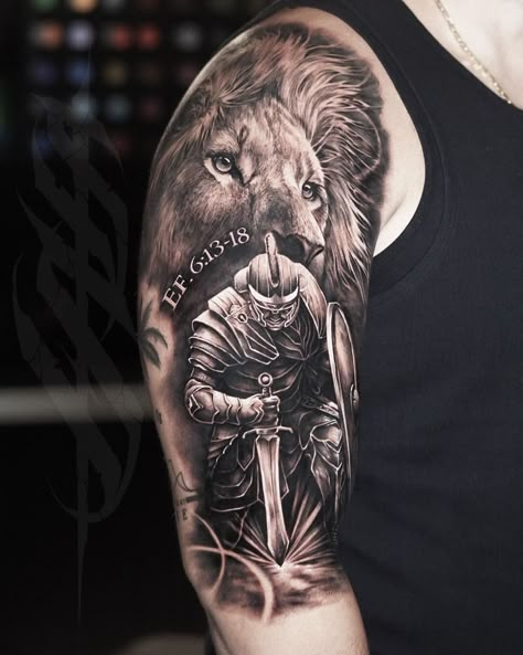 Christian Knight Tattoo, Armor Of God Tattoo Ideas, God Warrior Tattoo, Knight Sleeve Tattoo, Gods Warrior Tattoo, Armor Of God Tattoos For Guys, Armor Of God Tattoo For Men, Full Armor Of God Tattoo, Godly Tattoos For Men Sleeve