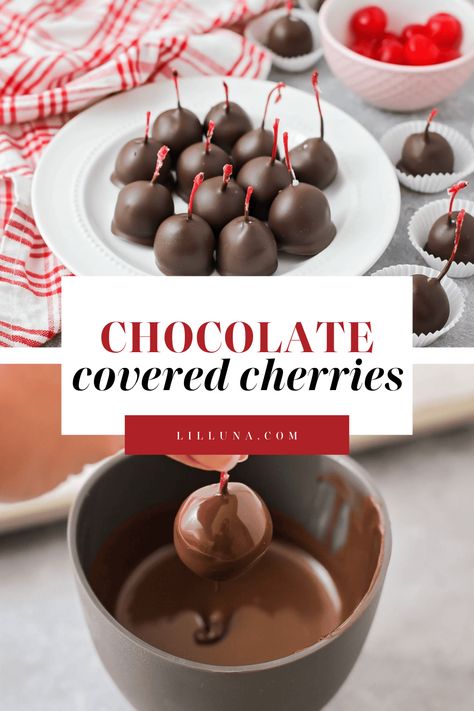 Sweet homemade chocolate covered cherries are just like you buy them in the box! Enjoy these sweet treats all year long. #chocolatecoveredcherries #chocolatecovered #cherries #homemadechocolatecoveredcherries #chocolateandcherries Chocolate Covered Cherries Recipe, Chocolate Dipped Cherries, Chocolate Cherries, Cherry Brownies, Chocolate Covered Cherry, Awesome Desserts, Christmas Neighbor, Candy Truffles, Chocolate Covered Treats