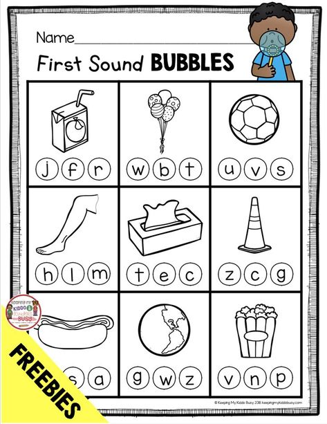 FREE First Sound Bubbles - freebie printable worksheet to practice letter sounds and phonics - kindergarten phonics activities and worksheets - letter sound literacy centers and MORE! Perfect for beginning of the year in kindergarten and back to school #kindergarten #kindergartenphonics #kindergartenreading #backtoschool Prek Phonics Activities, Initial Sounds Worksheets, Kindergarten Curriculum Map, Kindergarten Phonics Activities, Letter Sound Activities, Letter Sort, Beginning Sounds Worksheets, Kindergarten Freebies, Kindergarten Phonics