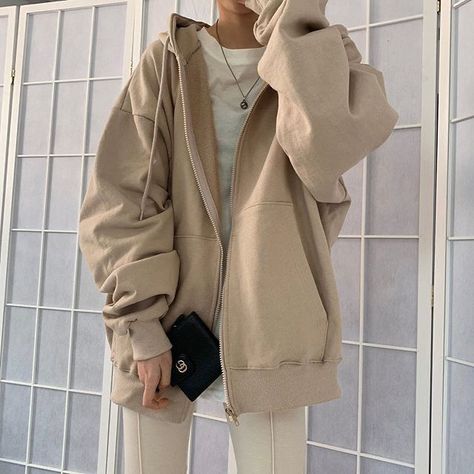 Trendy oversized zip up hoodie| Comes in 13 colors Brown Clothes Aesthetic, Beige Hoodies, Baggy Clothes Aesthetic, Baggy Outfit Ideas, Oversized Zip Up Hoodie, Beige Shirt, Clothes Korean Style, 90s Sweatshirt, Beige Outfit