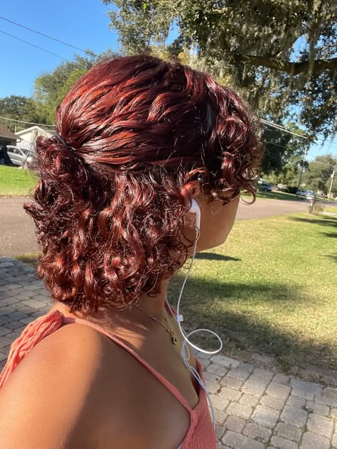 Red Hair Ideas For Curly Hair, Ginger And Black Curly Hair, Hair Color Ideas Curly Natural Curls, Dyed Curly Hair Aesthetic, Red Curly Hair Ideas, Short Curly Hair Red Highlights, Curly Hair Red Dye, Dyed Curly Hair Short, Red Hair Short Curly