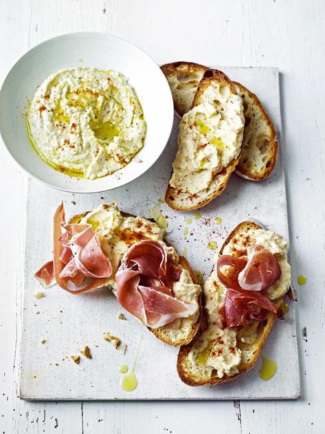 Delicious Magazine Recipes, Tapas Night, Tapas Dinner, Toast Toppers, Bread Toppings, Bruschetta Toppings, Sunday Lunches, Beans On Toast, Ham Recipe