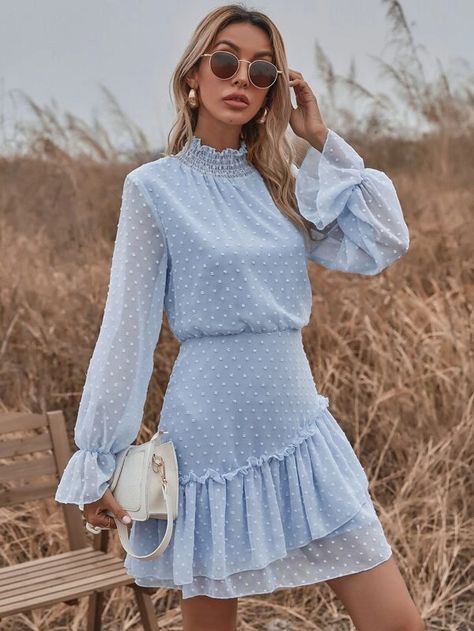 Elegant Blue Dress, Outfit Elegantes, Puffed Long Sleeves, Mode Casual, Styl Boho, Ruffle Hem Dress, Flounce Sleeve, Looks Chic, Vintage Elegant