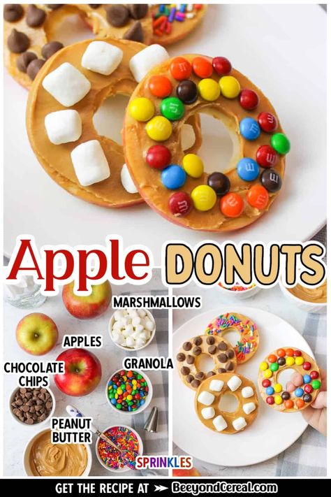 Fresh, crisp, and delicious apple slices topped with your favorite spreads and toppings like granola, sprinkles, chocolate, or fruit, make these no bake apple donuts an irresistible treat. Apple donuts are a healthier treat and one my kids constantly beg for and fight over. They love the variety of toppings as I'm sure your kids will as well. With so many varieties and options, this treat can never truly be boring. Every apple brings several slices of possibilities to the table, quite ... Classroom Snacks, Preschool Cooking, Kids Food Crafts, Sommer Mad, Apple Snacks, Halloween Breakfast, Apple Donuts, Kids Cooking Recipes, Creative Snacks