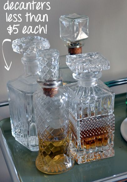 Bar Decanter Display, Bar Cart With Decanters, Decanter Ideas Display, Decanter Display Ideas, Liquor Decanter Display, Decanter Display Bar, Decanter Ideas, Antique Bar Carts, Decanter Display