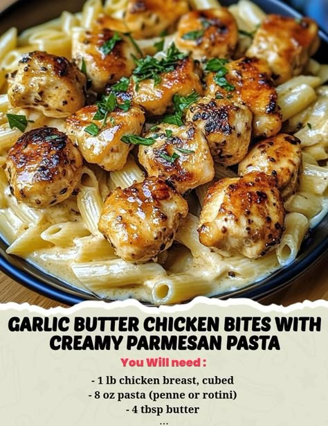 Easy Dinner Recipes For 1, Creamy Parmesan Pasta, Lemon Parmesan Pasta, Garlic Butter Chicken Bites, Butter Chicken Bites, Chicken Diet, Chow Mein Recipe, Pasta Penne, Herb Roasted Potatoes