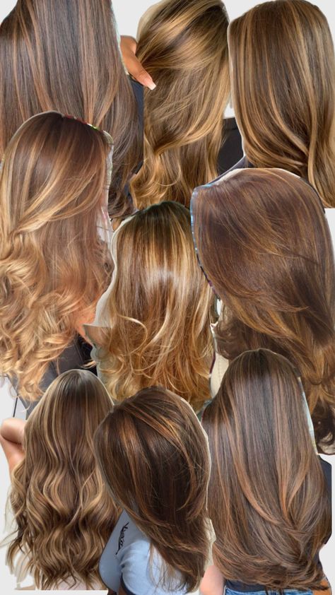 Warm Brown Hair With Highlights Honey, 90s Caramel Hair, Brown With Blonde Highlights Natural Hair, Hair Color For Honey Eyes, Multi Highlights Brown Hair, Hilights On Brunettes, 90s Blonde Highlights On Brown Hair, Natural Hair Coloring Ideas, Hair Colour Ideas For Brown Skin Tone