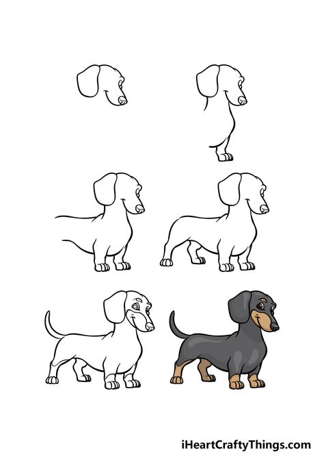 Cute Dashounds Drawings, Weiner Dog Drawing Easy, Weenie Dogs Drawing, Drawing A Dachshund, Daschund Cartoon Drawing, Dauschaund Drawing, How To Draw A Sausage Dog, Dashund Drawing Easy, How To Draw A Dachshund Step By Step