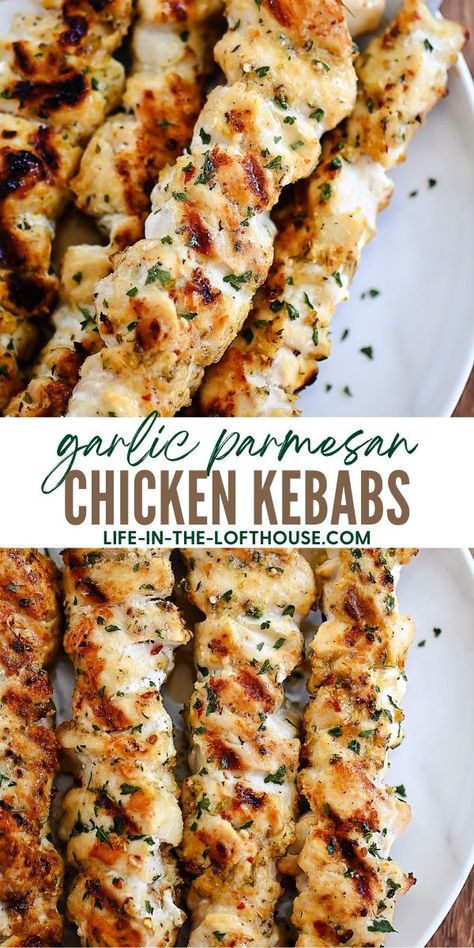 Chicken Skewers Dinner Ideas, Skewers On The Grill Chicken, Best Chicken Skewers Kebab Recipes, Easy Chicken Recipes Grilled, Summer Keto Recipes Dinner, Easy Chicken Party Food, Garlic Parmesan Chicken Skewers By 12 Tomatoes, Mexican Chicken Kabobs, Grilled Chicken Entrees