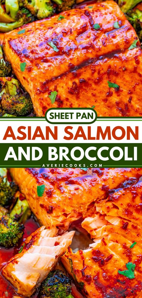 Sheet Pan Asian Salmon and Broccoli - Averie Cooks Sheet Pan Asian, Asian Salmon Recipes, Lemon Butter Salmon, Asian Salmon, Salmon And Broccoli, Sheet Pan Dinners Recipes, Butter Salmon, Dinners Recipes, Sheet Pan Meals