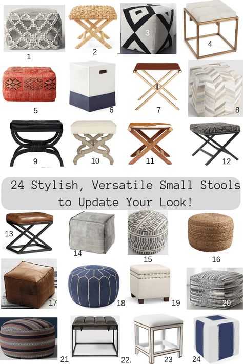 24 Small Stools To Update Your Look -  and provide extra seating #stools #poufs #footstools #ottomans #livingroom #decorClassic Casual Home Pouf Ottoman Living Room, Rattan Pouf, Pouf Design, Small Ottoman, Ottoman Decor, Living Room Stools, Upholstered Stool, Small Stool, Floor Pouf