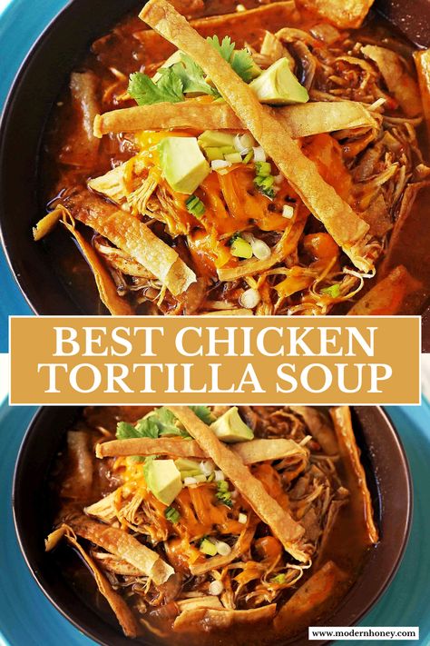 Warm up with a bowl of Chicken Tortilla Soup that’s packed with flavor and comfort! Made with tender chicken, hearty veggies, and topped with crispy tortilla strips, cheese, and avocado, this soup is perfect for cozy nights or game day gatherings. It’s easy to make and bursting with flavor. Save this recipe for a delicious, satisfying meal that everyone will love! Chilies Chicken Tortilla Soup, Fall Chicken Tortilla Soup, Sedona Tortilla Soup, Chicken Tortilla Soup Crock, Chicken Tortilla Soup Skinnytaste, Skinnytaste Chicken Tortilla Soup, Chicken Tortilla Soup Chili's, Chicken Taco Stew, Crockpot Chicken Tortilla Soup With Rotisserie Chicken