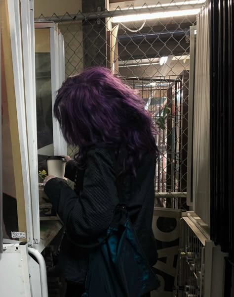 my photo dont repost Purple Dye On Dark Hair, Colored Hair Ideas For Curly Hair, Purple Hair Profile Pic, Dark Purple Hair Outfit, Dark Purple Hair Blue Eyes, Balayage Purple Hair Brunettes, Raven Queen Hair, Purple Shaggy Hair, Grape Soda Hair